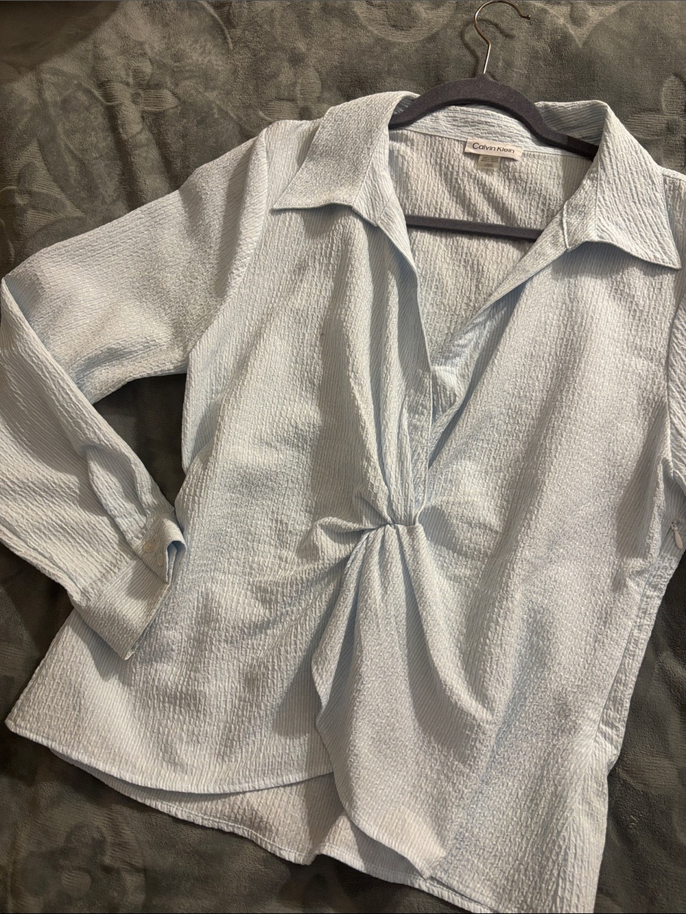 Light Blue Textured Twist-Front Blouse - Picture 2 of 5
